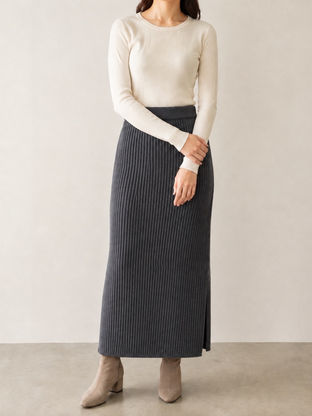 Emery Rose Charcoal Grey Ribbed Knit Slit Maxi Skirt Medium
